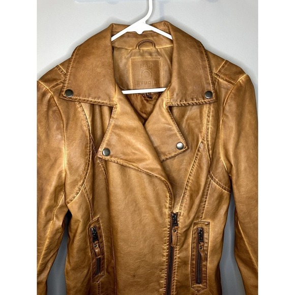 Max Studio Faux Leather Long Sleeve Asymmetrical Zip Biker Moto Jacket Brown L - Picture 3 of 7